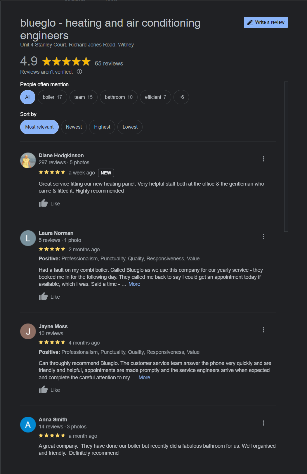 Example of Google reviews