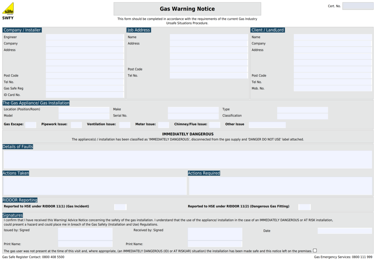 Gas Warning Notice Free PDF Template Gas Engineer Software