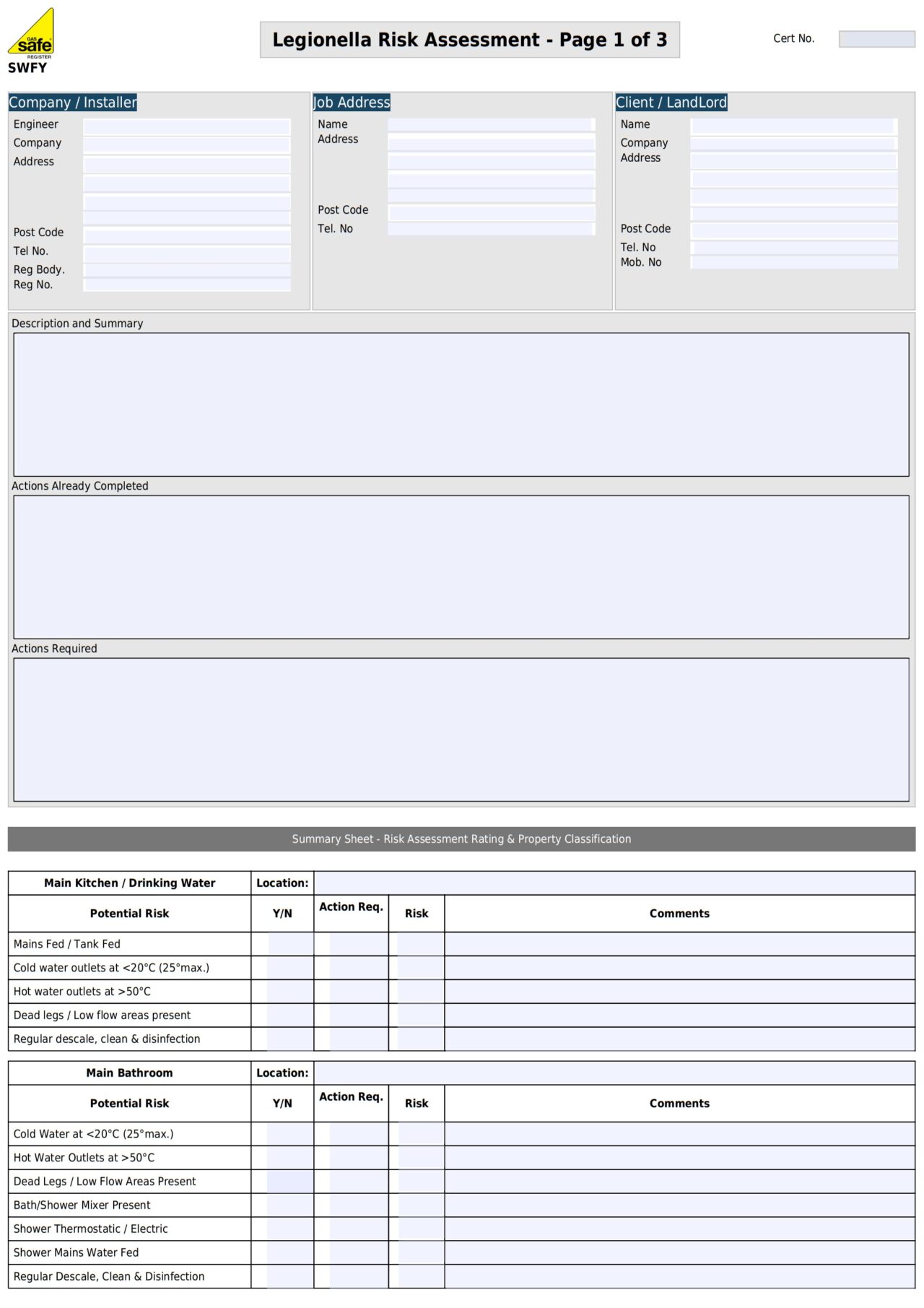 Free Legionella Risk Assessment Template - Gas Engineer Software