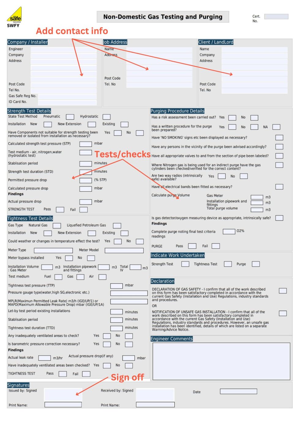 NonDomestic Gas Testing And Purging Certificate Free PDF Template Gas Engineer Software
