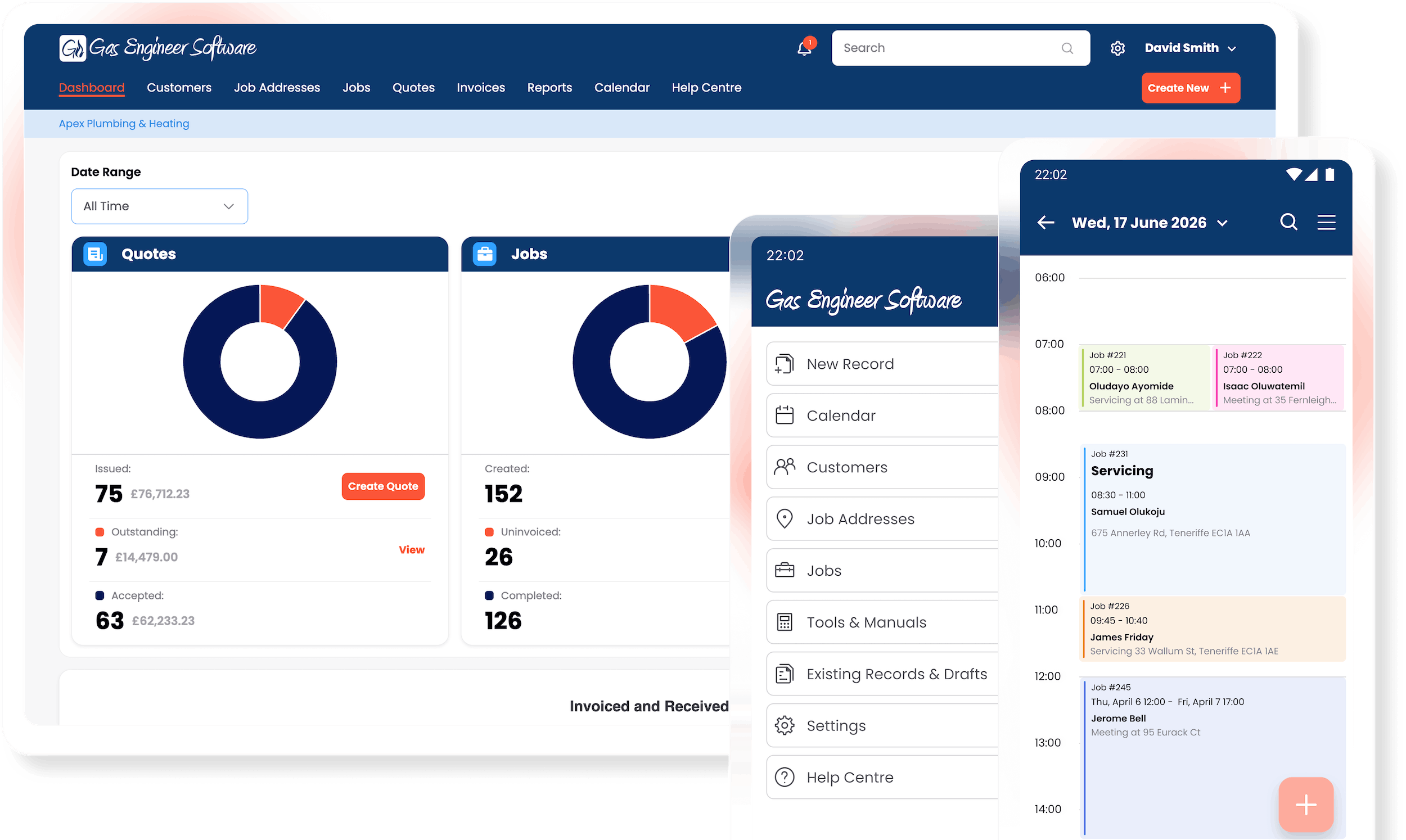 Dashboard UI for Gas Engineer Software showing Quotes and Jobs cards with donut charts and summary stats plus a right-side mobile calendar panel and navigation bar.