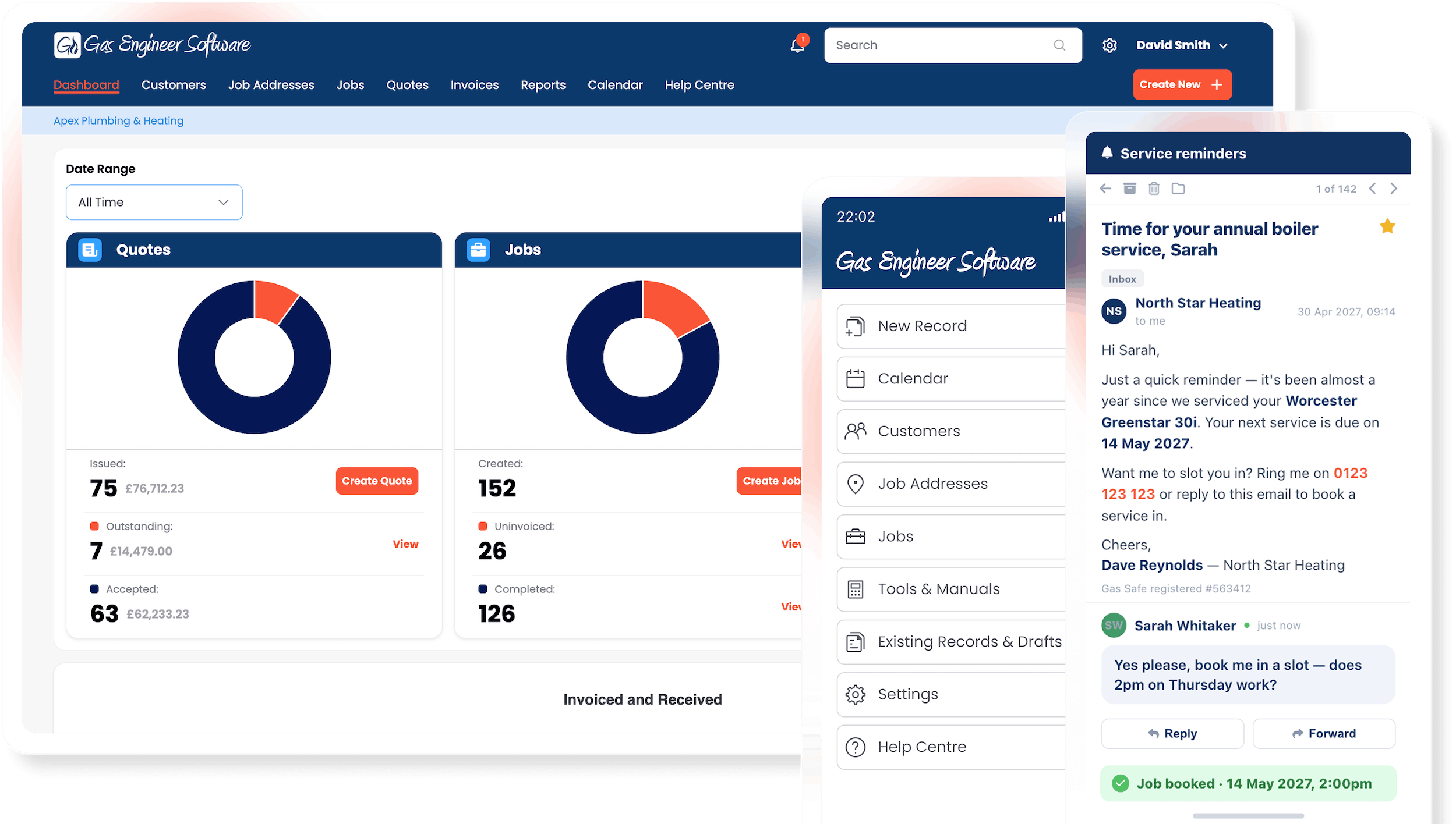 Overview of a blue Gas Engineer Software dashboard showing Quotes and Jobs cards with donut charts and a top navigation bar.