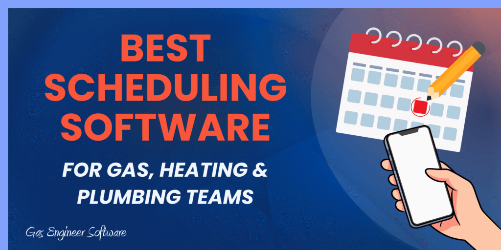 Best scheduling software for gas, heating, and plumbing teams with a calendar and mobile device visualized on the right side.