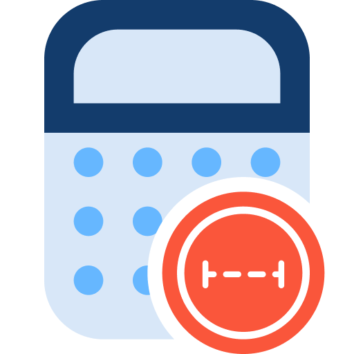 Calculator-style icon set with plus (top-left), multiply (top-right), minus (bottom-left), and a red circular heating badge showing a house with steam.