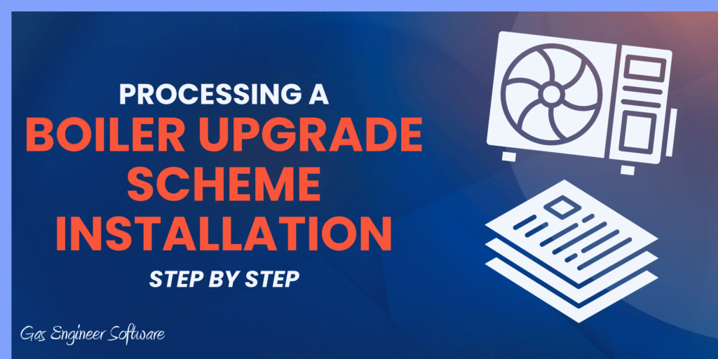 Banner promoting Boiler Upgrade Scheme installation: bold orange text on a blue gradient background with white line-art icons (boiler/fan and documents).