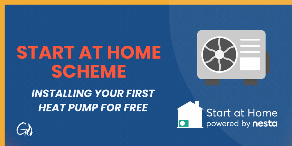 Banner promoting the Start at Home Scheme with bold orange text on a blue patterned background and a grey heat pump illustration on the right.