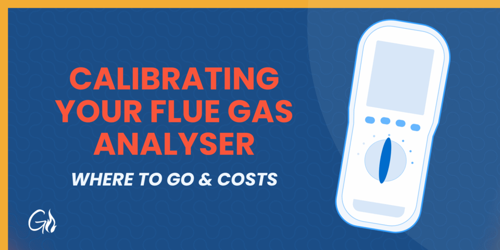 Hero banner about calibrating your fuel gas analyser; large orange text on a blue patterned background with a handheld device on the right.