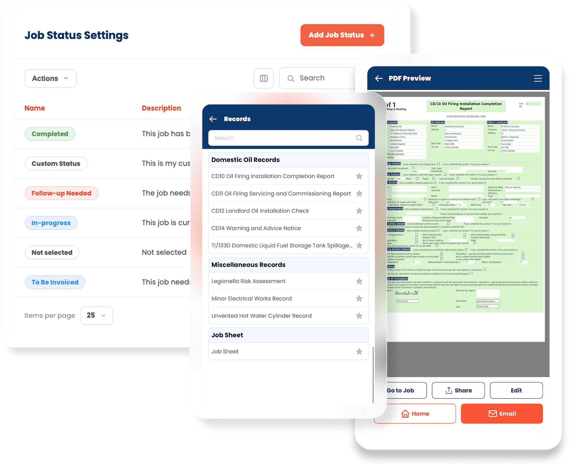 Collage of a job management UI: 'Job Status Settings' page with status pills and overlapping calendar views